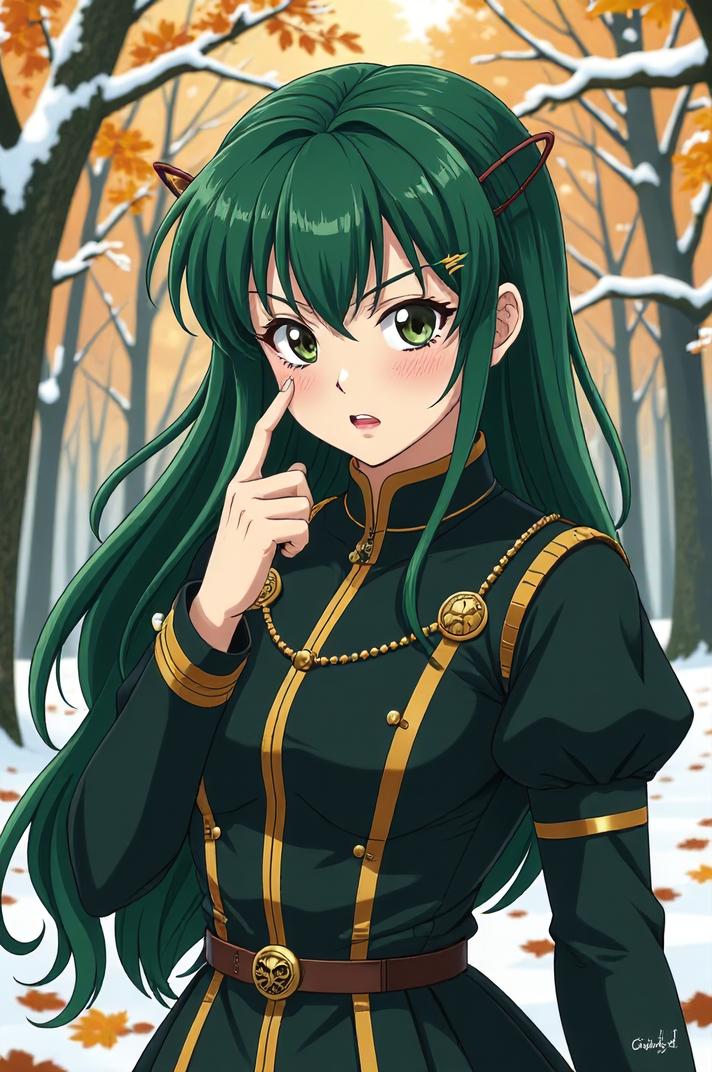 anime style masterpiece,best quality , Center Parting forest green hair, autumn