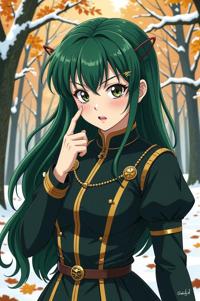 anime style masterpiece,best quality , Center Parting forest green hair, autumn