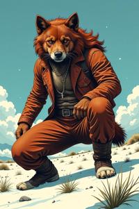 Anime style s Bush Dog from Mad Max universe, Long copper hair, winter, knee level shot