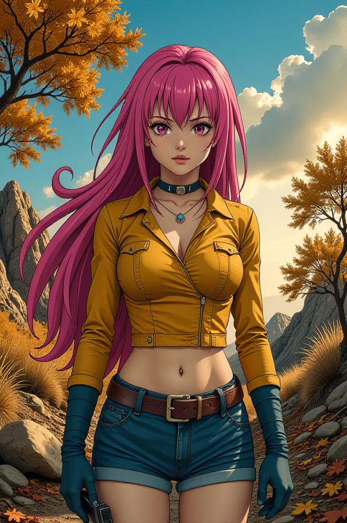Anime style s Glowworm from Mad Max universe, Lob french rose hair, autumn, ground level shot