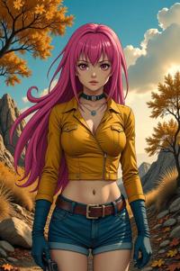 Anime style s Glowworm from Mad Max universe, Lob french rose hair, autumn, ground level shot