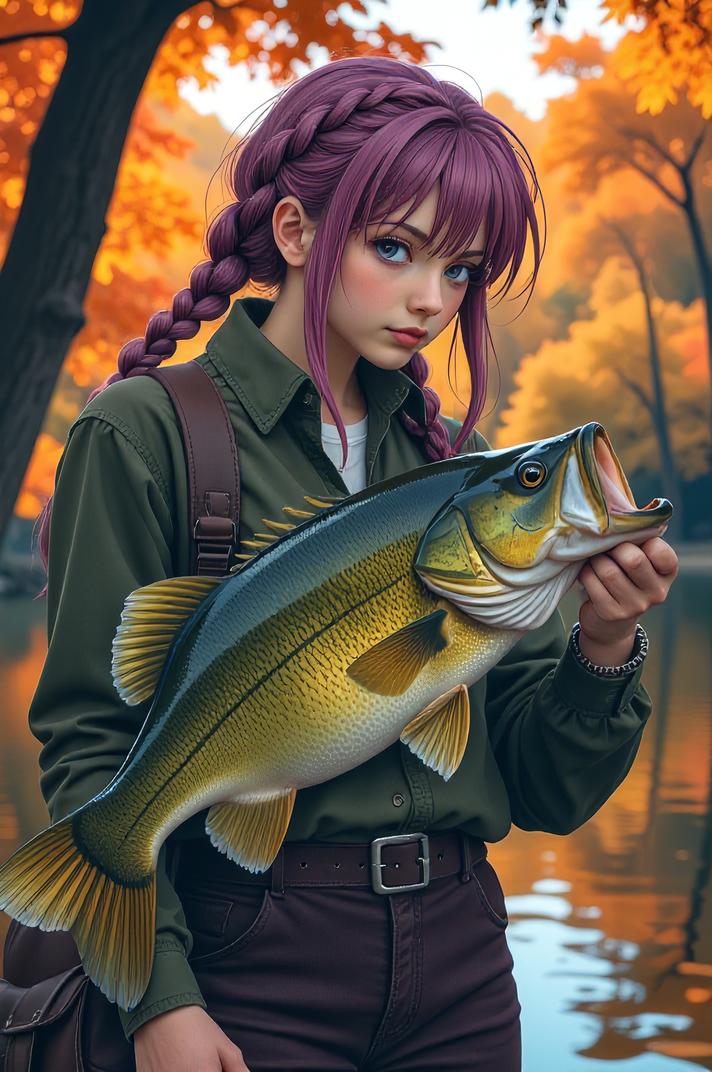 Anime style s Smallmouth Bass from Terminator universe, Braids mauve hair, autumn, low angle shot