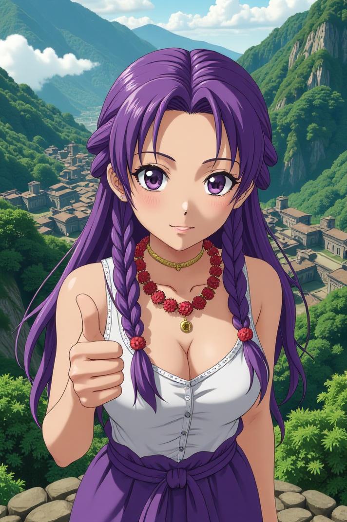 anime style masterpiece,best quality , Cornrows royal purple hair, summer