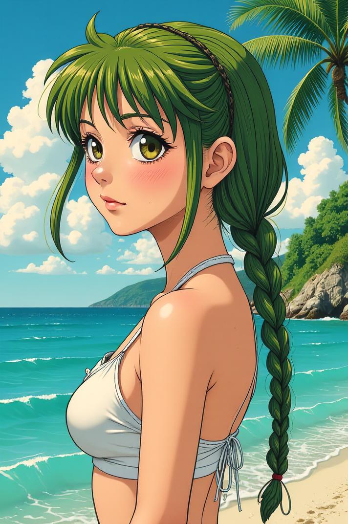 Anime style s Boxfish from Terminator universe, Braids asparagus hair, summer, Front side back three views shot