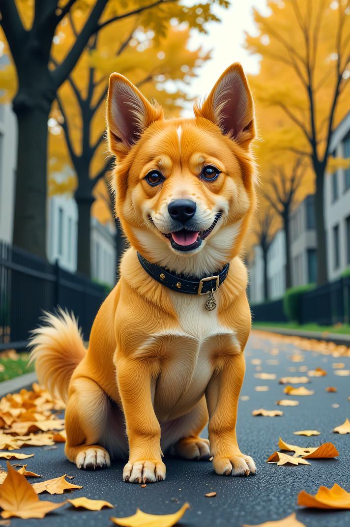 Anime style s Cesky Terrier from Fifth Element universe, Greased Back school bus yellow hair, autumn, ground level shot