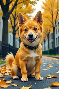 Anime style s Cesky Terrier from Fifth Element universe, Greased Back school bus yellow hair, autumn, ground level shot
