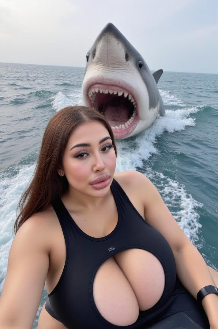 A realistic scene of a woman taking a selfie while being attacked by a great white shark from behind The setting is an ocean environment with the shark visible in the background, emphasizing the dramatic and dangerous situation Captured in a realistic photographic style, mm lens, high resolution