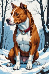 Anime style s Bull Terrier from Marvel universe, Braids cinnamon hair, winter, Front side back three views shot