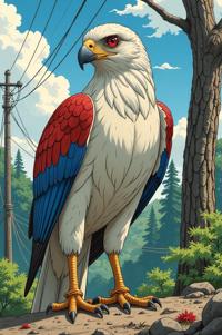 Anime style s Red Shouldered Hawk from Fallout universe, Crew Cut bondi blue hair, spring, ground level shot
