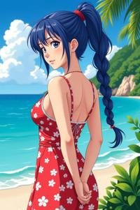 anime style masterpiece,best quality , Pony Tail Braids indigo hair, summer