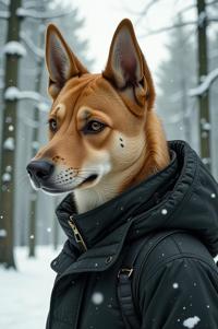 Anime style s Norwegian Lundehund from Matrix universe, Buzz Cut russet hair, winter, shoulder level shot
