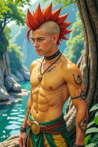 Anime style s Yellow Bellied Sapsucker from Avatar universe, Mohawk Fan tan hair, summer, aerial view shot