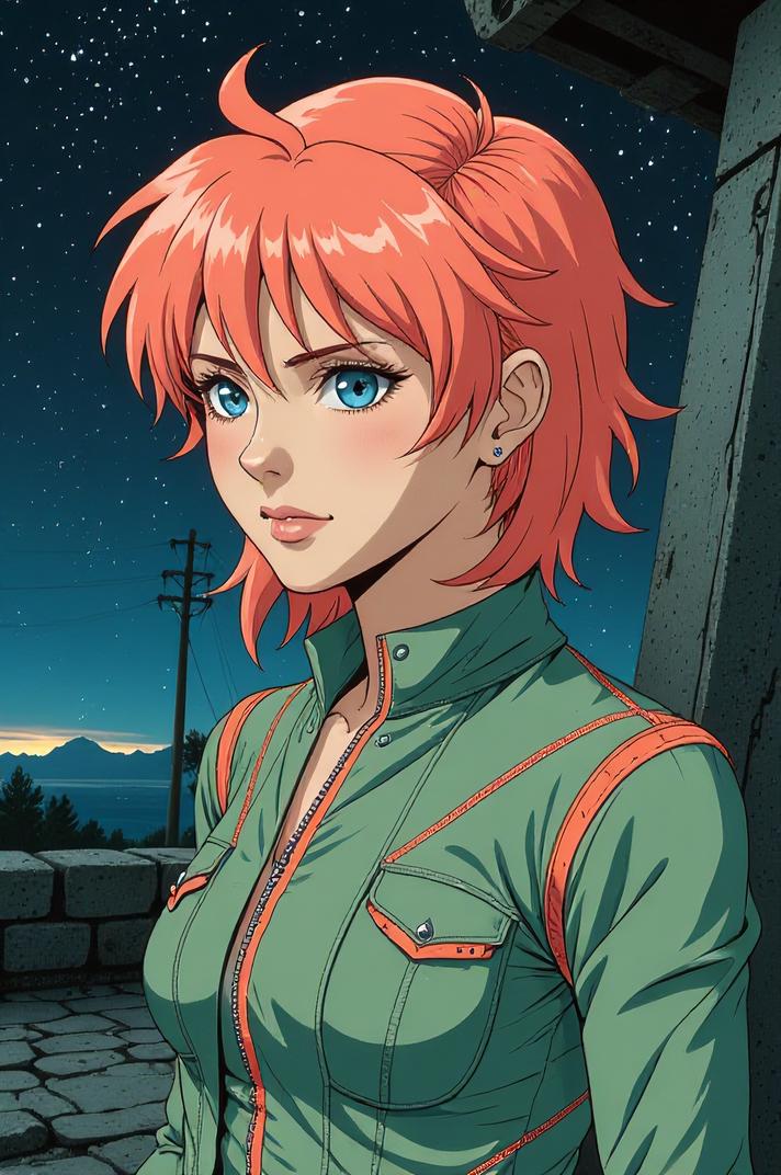 Anime style s Glowworm from Fallout universe, Buffont salmon hair, spring, looking away shot