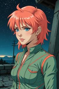 Anime style s Glowworm from Fallout universe, Buffont salmon hair, spring, looking away shot
