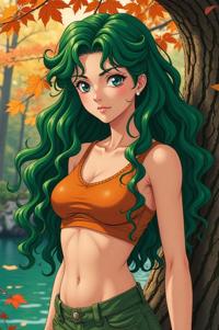 Anime style s Brown Water Snake from Vertigo universe, Long Curly emerald hair, autumn, shoulder level shot