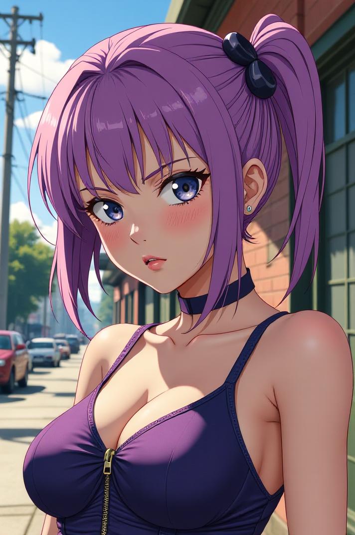 Anime style s Linnet from GTA universe, Bald purple hair, spring, expressions shot