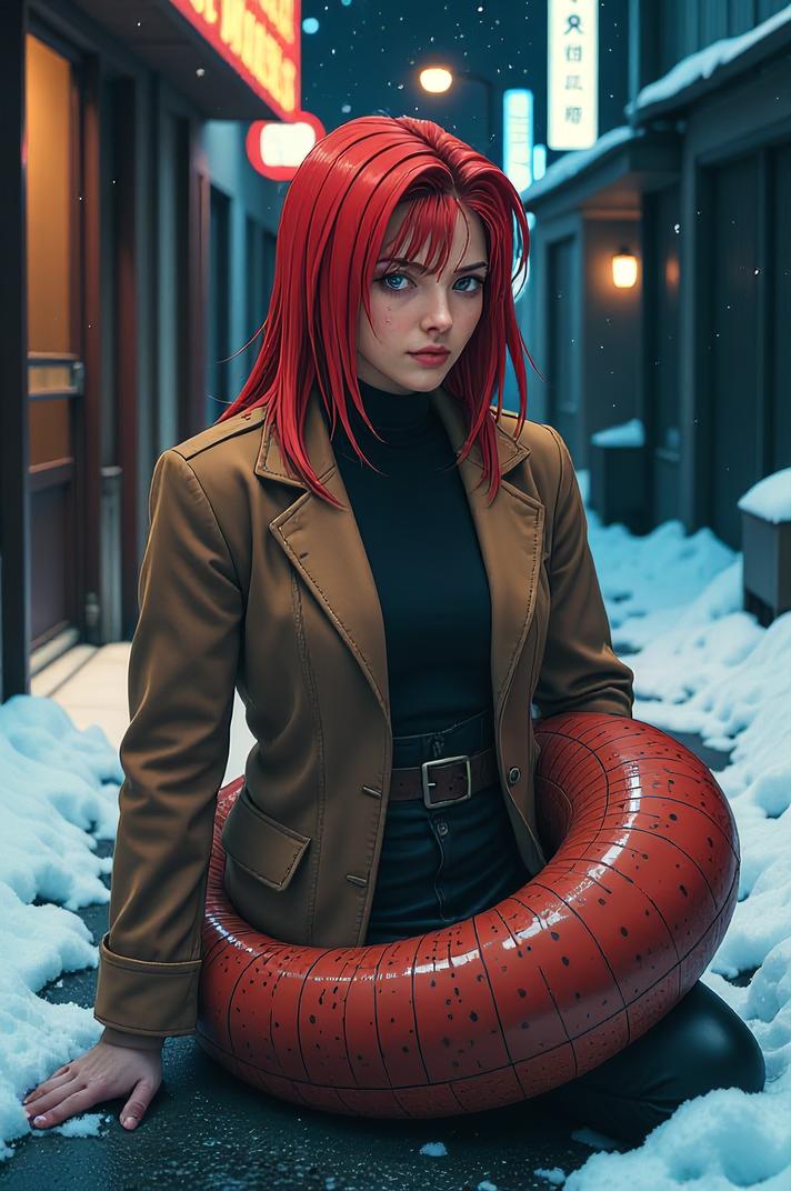Anime style s Banana Eel from Blade Runner universe, Greased Back cinnabar hair, winter, ground level shot