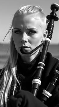 photograph, portrait, close up of a Bagpiper Ana,