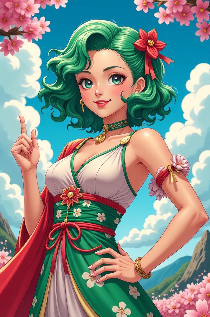 anime style masterpiece,best quality , Top Curls sea green hair, spring