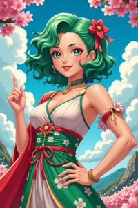anime style masterpiece,best quality , Top Curls sea green hair, spring
