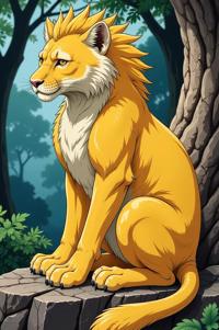 Anime style s Mountain Lion from Harry Potter universe, Spike yellow hair, spring, Front side back three views shot
