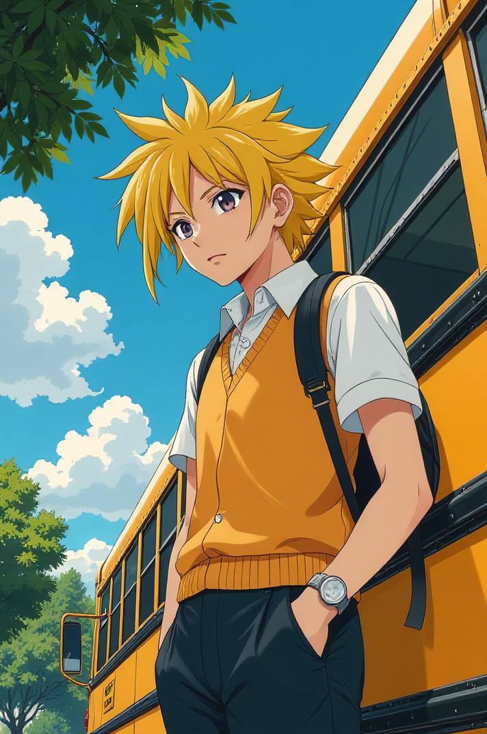 Anime style s Treecreeper from Matrix universe, Left Parting school bus yellow hair, summer, low angle shot