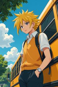 Anime style s Treecreeper from Matrix universe, Left Parting school bus yellow hair, summer, low angle shot