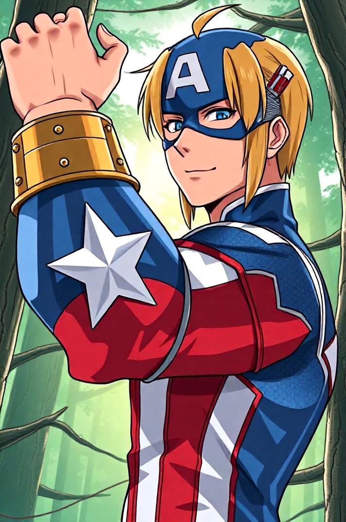 asian anime style marvel Captain America masterpiece,best quality , asian anime, Crew Cut saffron hair