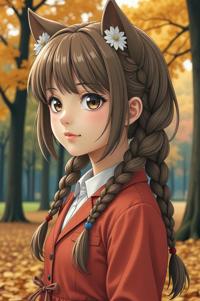 Anime style s Morkie from Fargo universe, Braids taupe hair, autumn, looking away shot