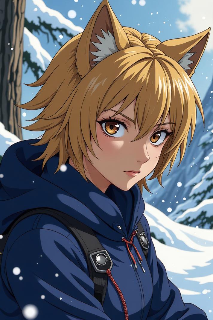 Anime style s Apennine Wolf from Mass Effect universe, Over Left Eye tan hair, winter, from above shot