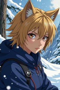 Anime style s Apennine Wolf from Mass Effect universe, Over Left Eye tan hair, winter, from above shot