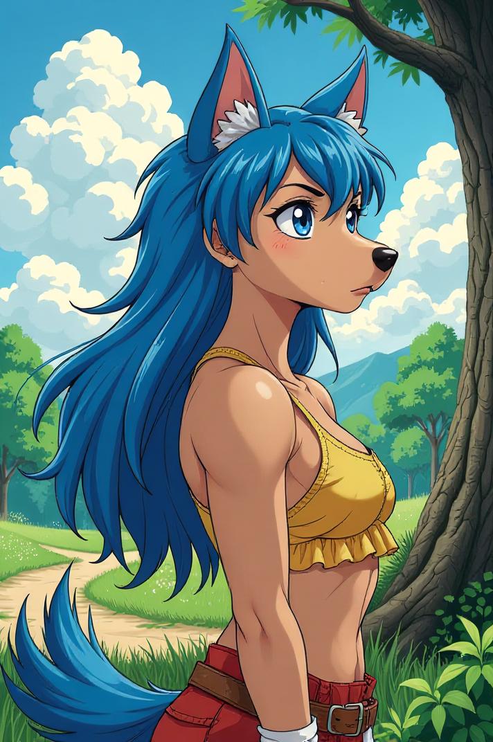 Anime style s Danish Swedish Farmdog from World of warcraft universe, Mullet azure hair, summer, shoulder level shot