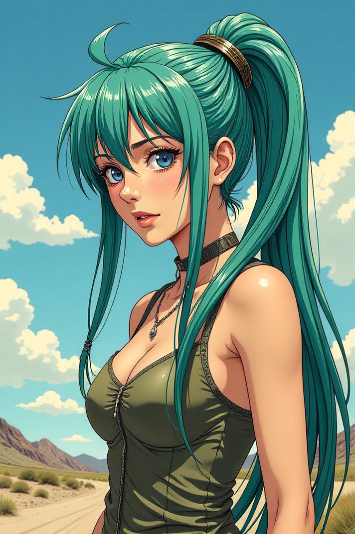 Anime style s Long Tailed Tit from Mad Max universe, That s all blue green hair, spring, from above shot