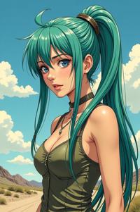Anime style s Long Tailed Tit from Mad Max universe, That s all blue green hair, spring, from above shot