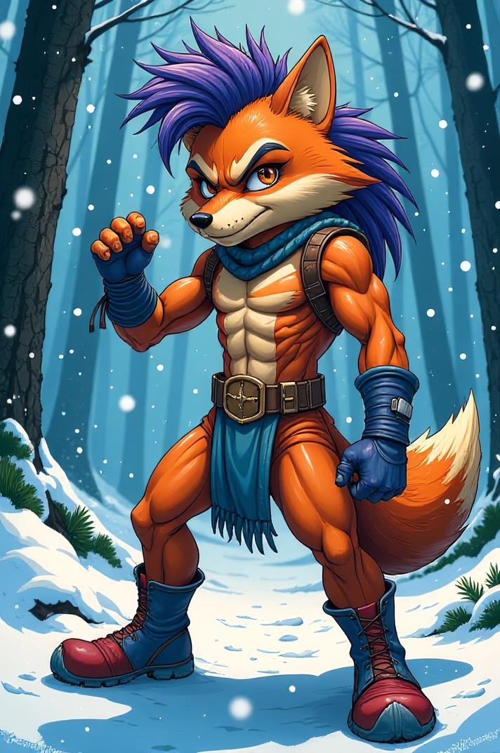 Anime style s Bandicoot from Mortal kombat universe, Mohawk Fan cobalt hair, winter, knee level shot