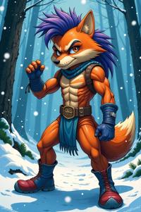 Anime style s Bandicoot from Mortal kombat universe, Mohawk Fan cobalt hair, winter, knee level shot