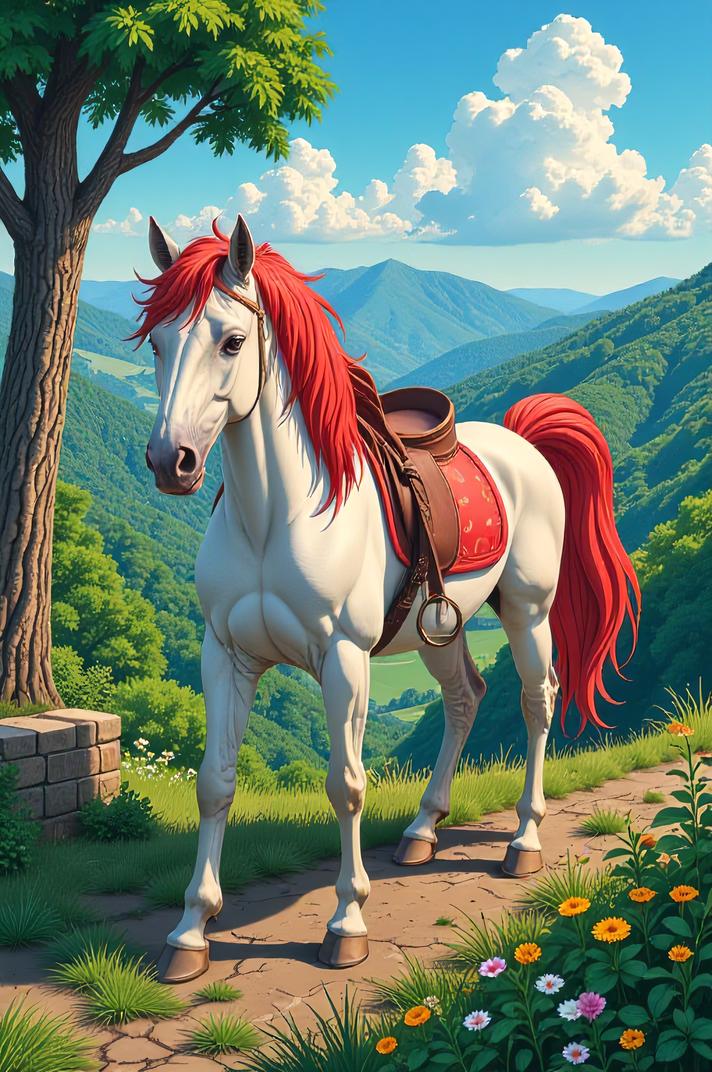 Anime style s Equus giganteus from Vertigo universe, Bob tomato hair, summer, aerial view shot