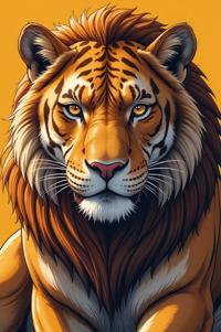 Anime style s Panthera atrox American Lion from Mortal kombat universe, Over Eye russet hair, summer, from above shot