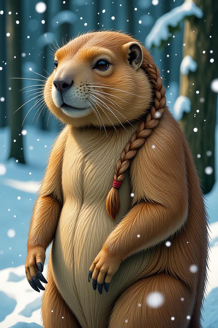 Anime style s Marmot from Alien universe, Long Braids brass hair, winter, looking away shot