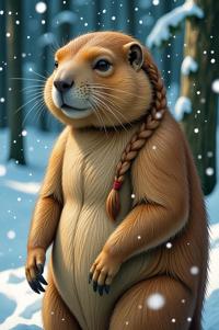 Anime style s Marmot from Alien universe, Long Braids brass hair, winter, looking away shot