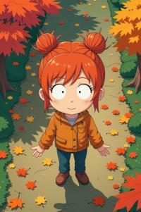 Anime style s Earwig from South Park universe, Bun persimmon hair, autumn, aerial view shot