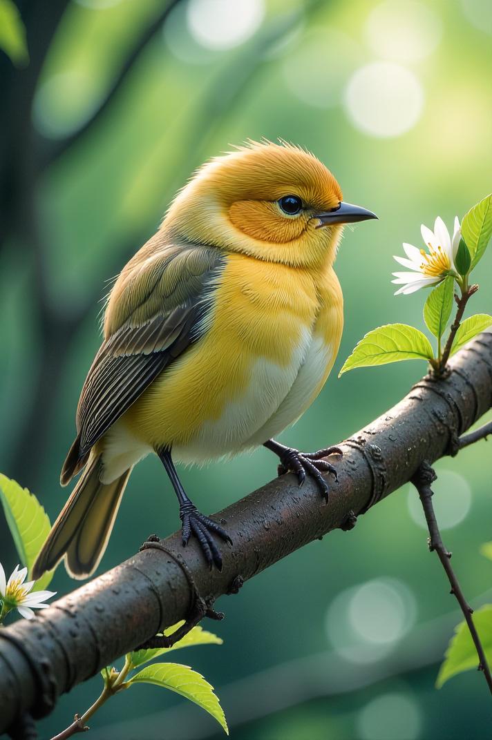 Anime style s Long Tailed Tit from Jurassic Park universe, Bald ecru hair, spring, low angle shot