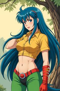 Anime style s Goshawk from Marvel universe, Long Center Parting robin egg blue hair, spring, hip level shot
