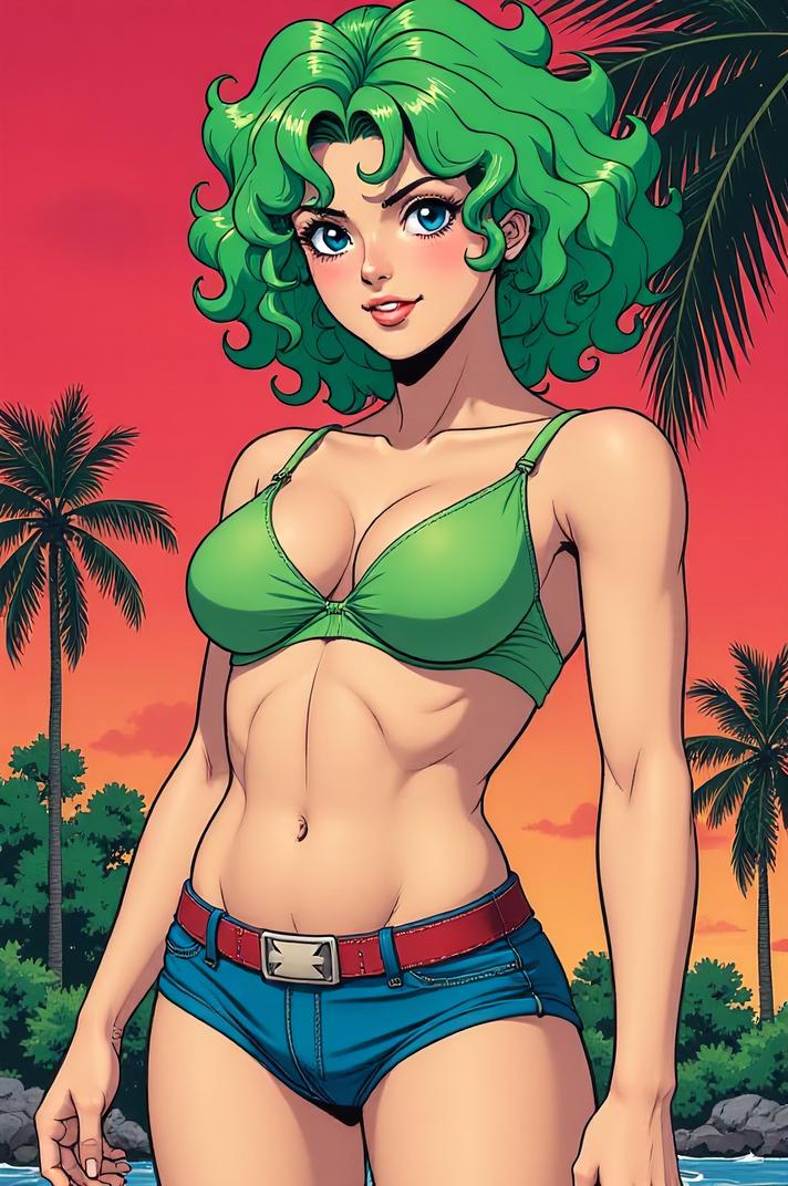 Anime style s Death Adder from DC Comics universe, Top Curls sea green hair, summer, hip level shot