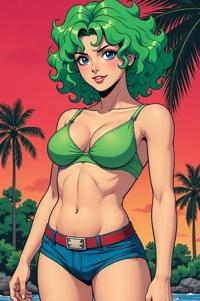 Anime style s Death Adder from DC Comics universe, Top Curls sea green hair, summer, hip level shot