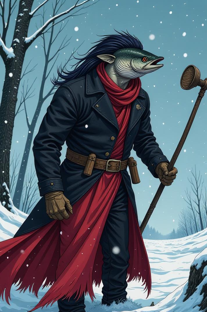 Anime style s Muskellunge Muskie from The Dark Tower universe, Buffont puce hair, winter, perspective shot