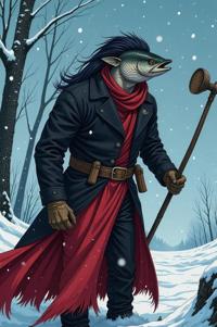 Anime style s Muskellunge Muskie from The Dark Tower universe, Buffont puce hair, winter, perspective shot