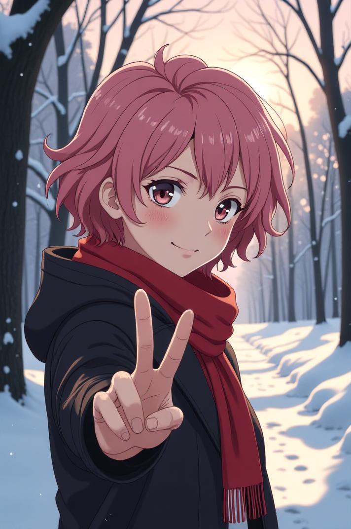 anime style masterpiece,best quality , Short Curly misty rose hair, winter