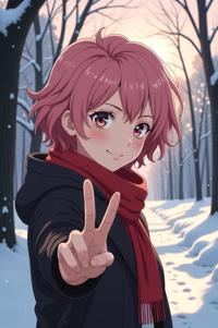 anime style masterpiece,best quality , Short Curly misty rose hair, winter