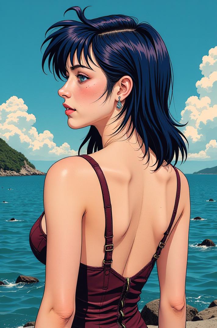 Anime style s Oilfish from Hellraiser universe, Grungey indigo hair, summer, Front side back three views shot